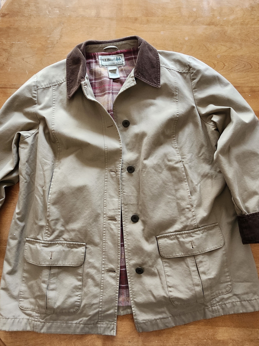 LL Bean Khaki Barn Coat with Corduroy Collar
